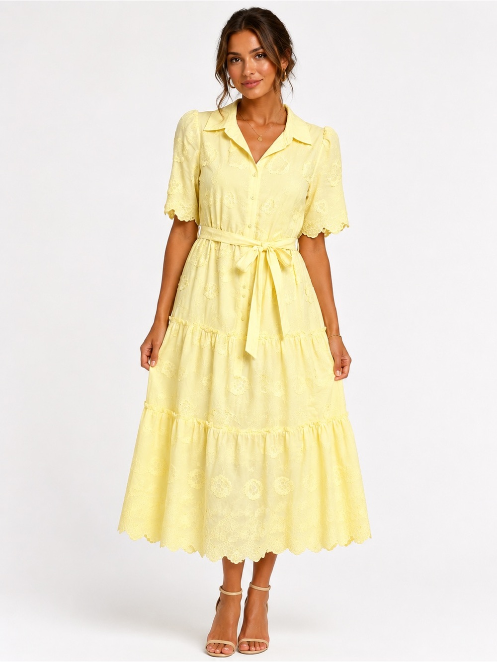 Women’s Yellow Eyelet Tie-Waist Maxi Dress